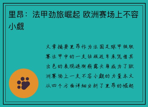 里昂:法甲劲旅崛起 欧洲赛场上不容小觑 里昂:法甲劲旅崛起 欧洲赛场上不容小觑
