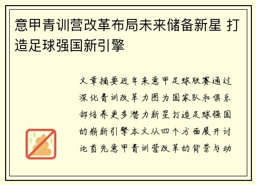 意甲青训营改革布局未来储备新星 打造足球强国新引擎 意甲青训营改革布局未来储备新星 打造足球强国新引擎